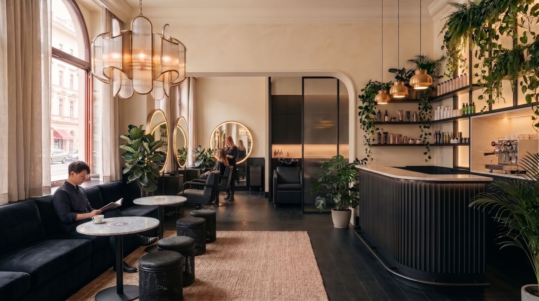 Salonlounge mit Bogenfenstern, Samtsofas und Empfangstresen